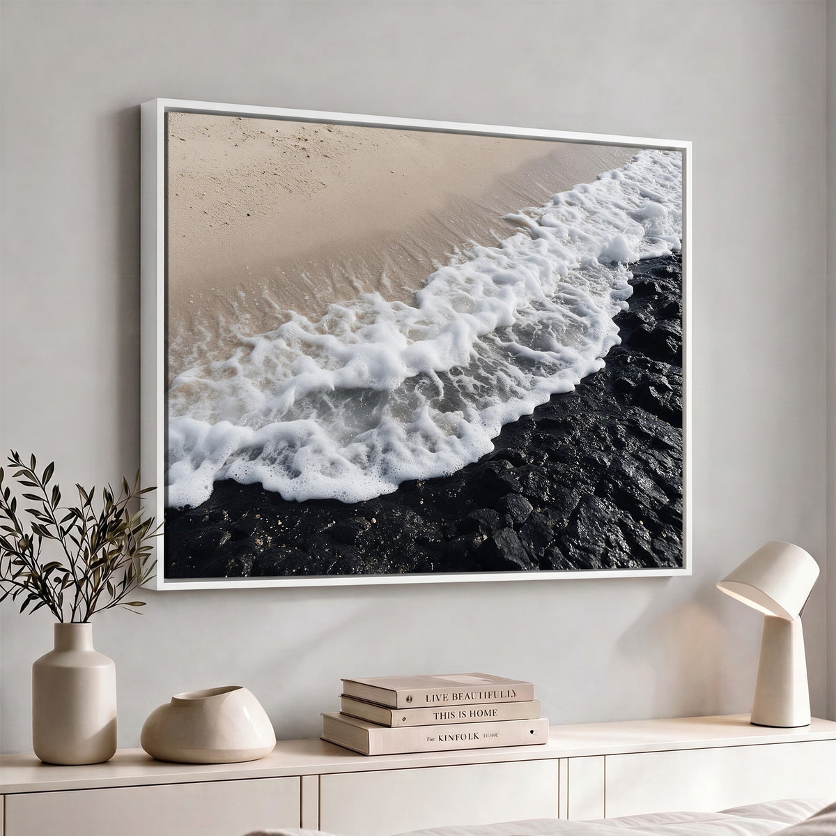 27448606-MGV-CV-24X16 - Ocean Wave Foam on Black Lava Rock Beach Canvas Wall Art Print