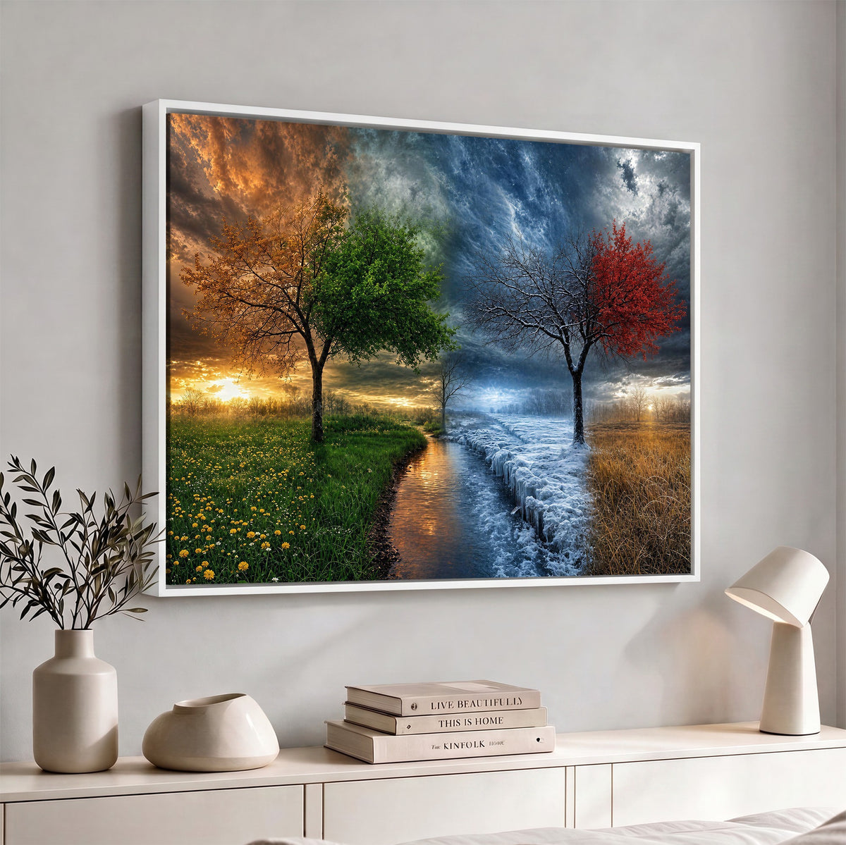 61895574-MGV-CV-24X16 - Four Seasons Tree Canvas Wall Art, Nature Landscape Canvas Print for Living Room