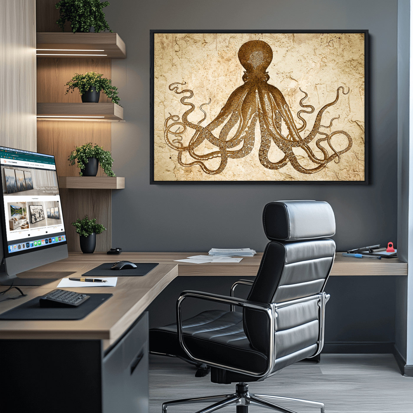 96154-MGV-CV-36X24-Sepia Octopus Wall Art Abstract Animal Canvas Print
