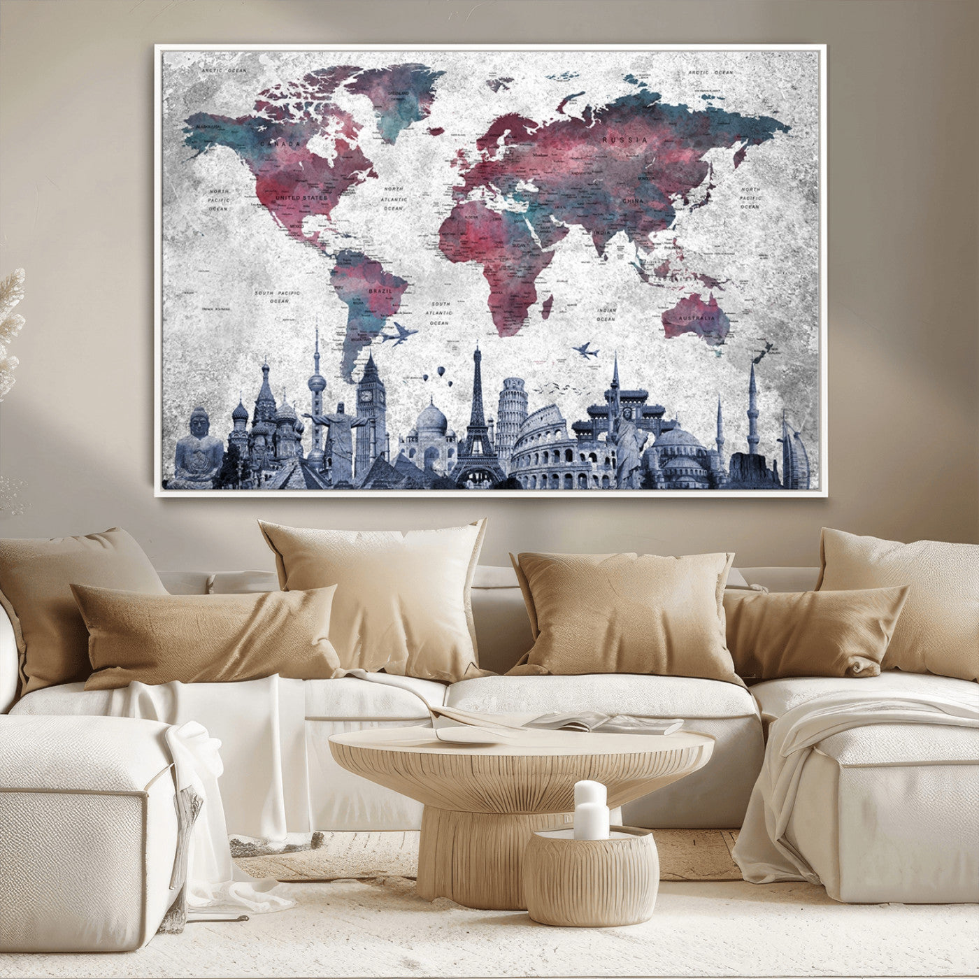 MGV-FC-36X24 - Push Pin World Map Canvas Print – Framed Wall Art for Couples to Track Their Travels – Anniversary