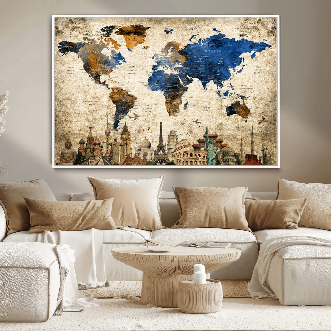 MGV-FC-36X24 - Push Pin World Map Canvas Print – Framed Wall Art for Couples to Track Their Travels – Anniversary