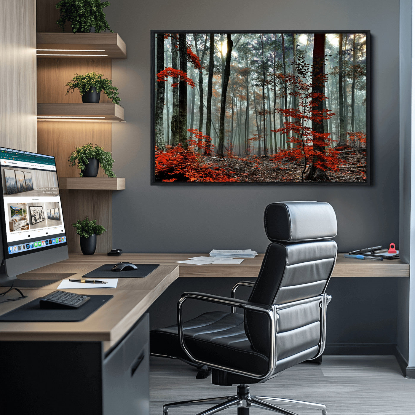 59209-MGV-FC-36X24_Black-Autumn Forest Canvas Wall Art – Enchanting Red Leaves Triptych Print – Nature-Inspired Decor for Living Room or Office – Ready to Hang