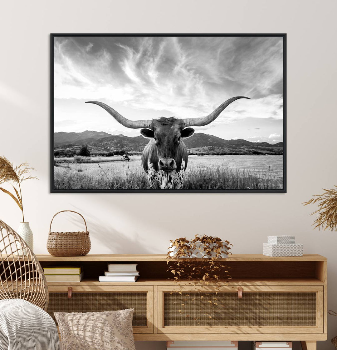 Longhorn Cow Wall Art Canvas Print Farmhouse Wall Art - Texas Longhorn Wall Art Print