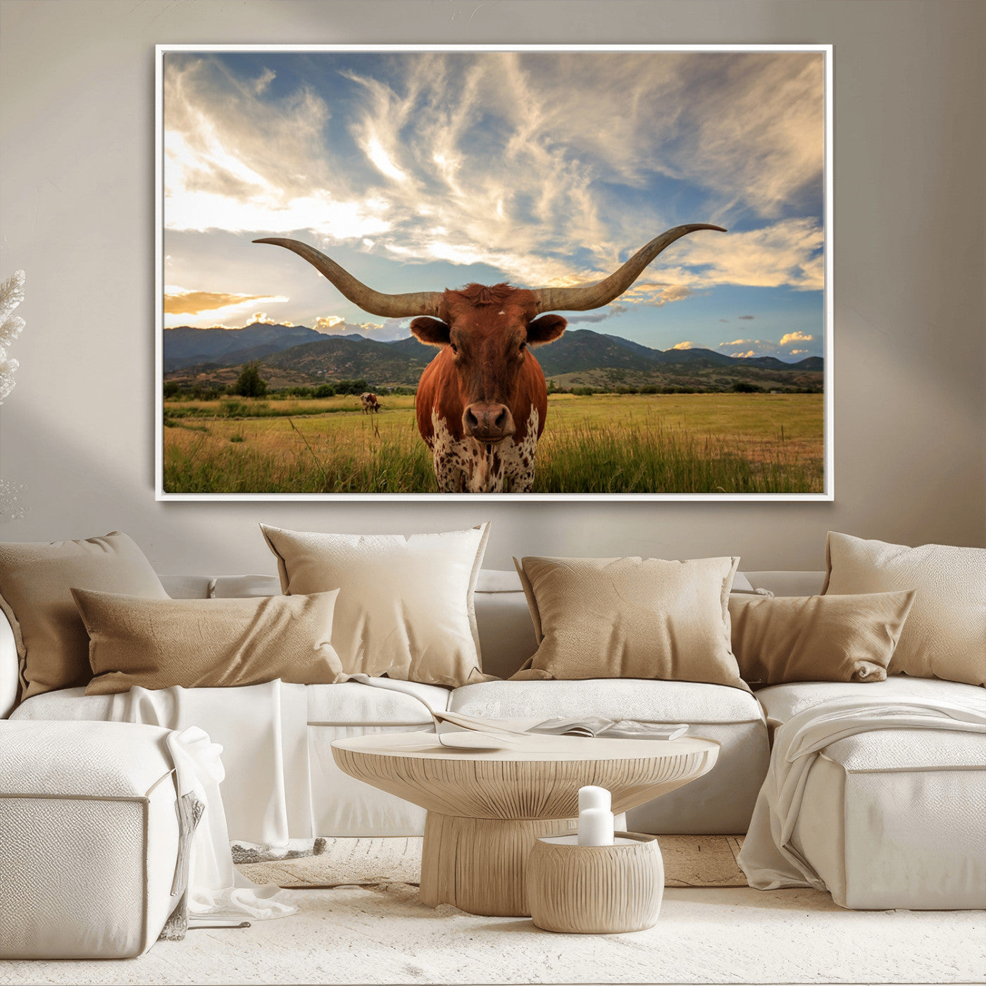 MGV-FC-36X24 - Texas Longhorn Canvas Wall Art – Majestic Triptych Animal Print – Rustic Western Decor for Living