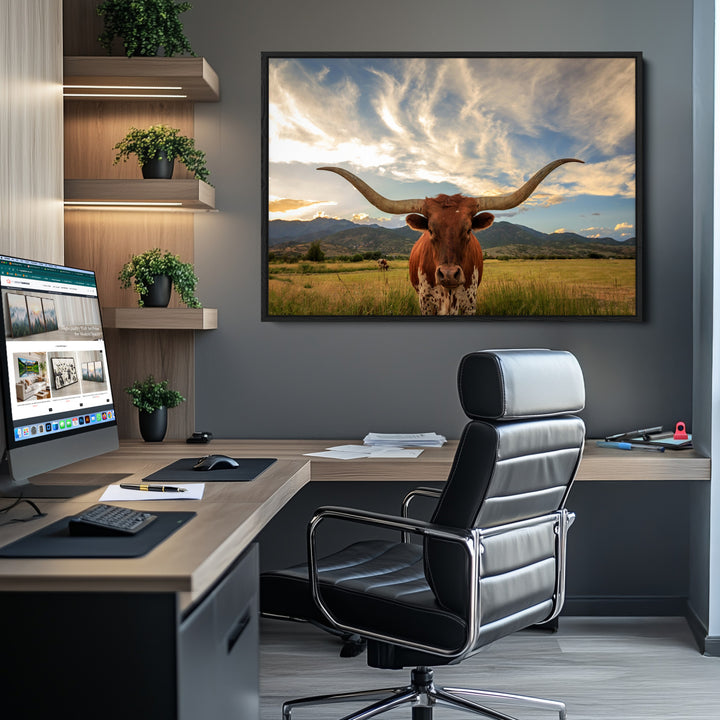 Texas Longhorn Canvas Wall Art – Majestic Triptych Animal Print – Rustic Western Decor for Living Room or Office – Ready to Hang