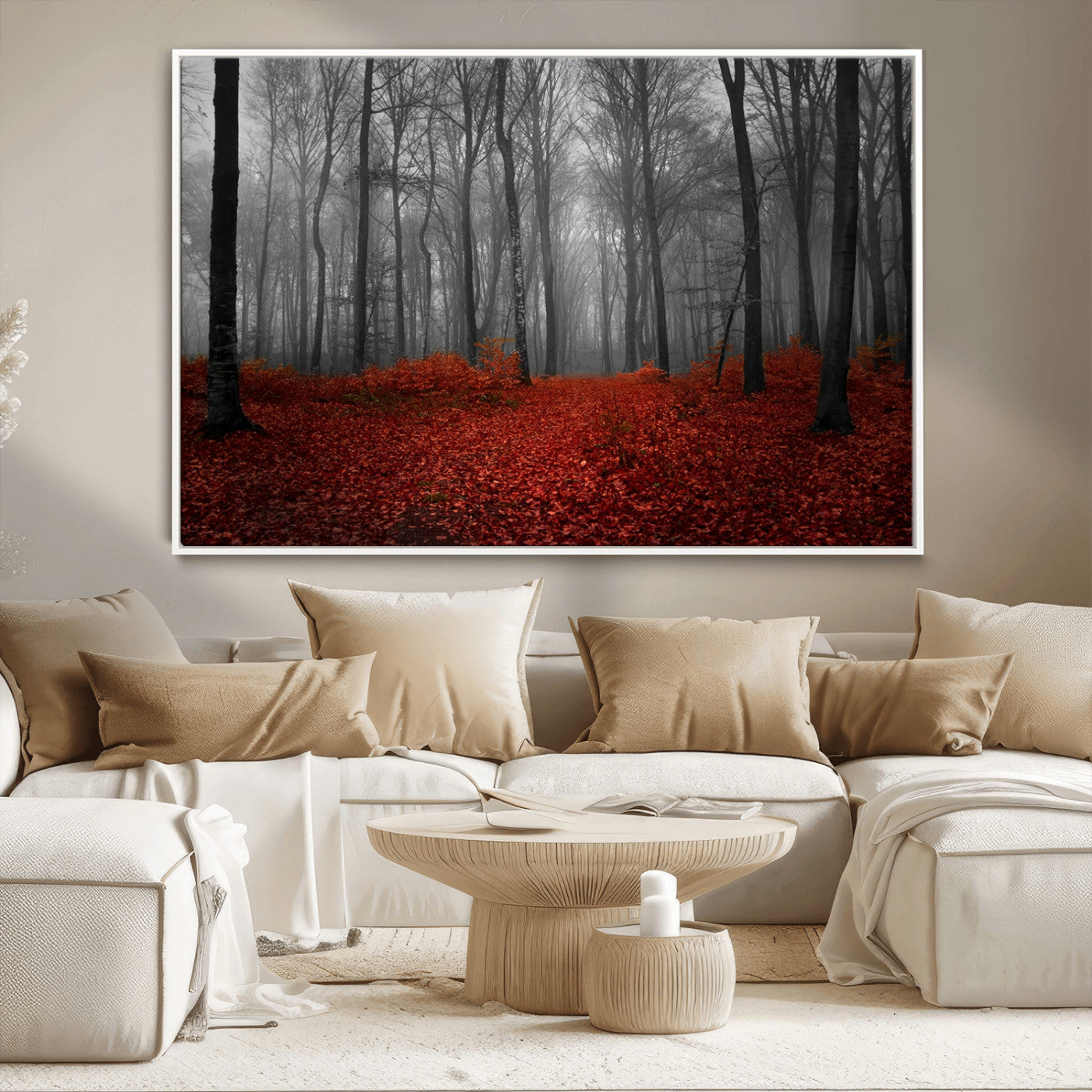 -Red Forest Floor Canvas Wall Art – Mystical Foggy Woodland Triptych – Nature-Inspired Decor for