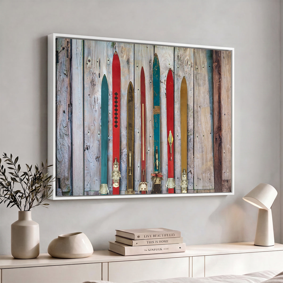 30640-MGV-CV-36X24 - Vintage Wooden Weathered Skis in Front of an Old Barn Wall Art Canvas Print