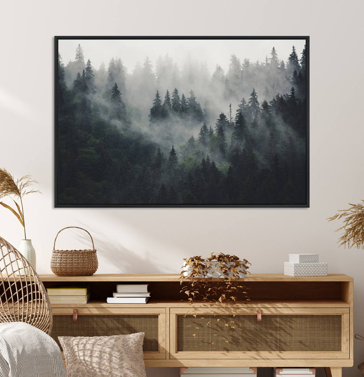 The Serene Triptych Print features tall evergreens, creating a mysterious and calming atmosphere.