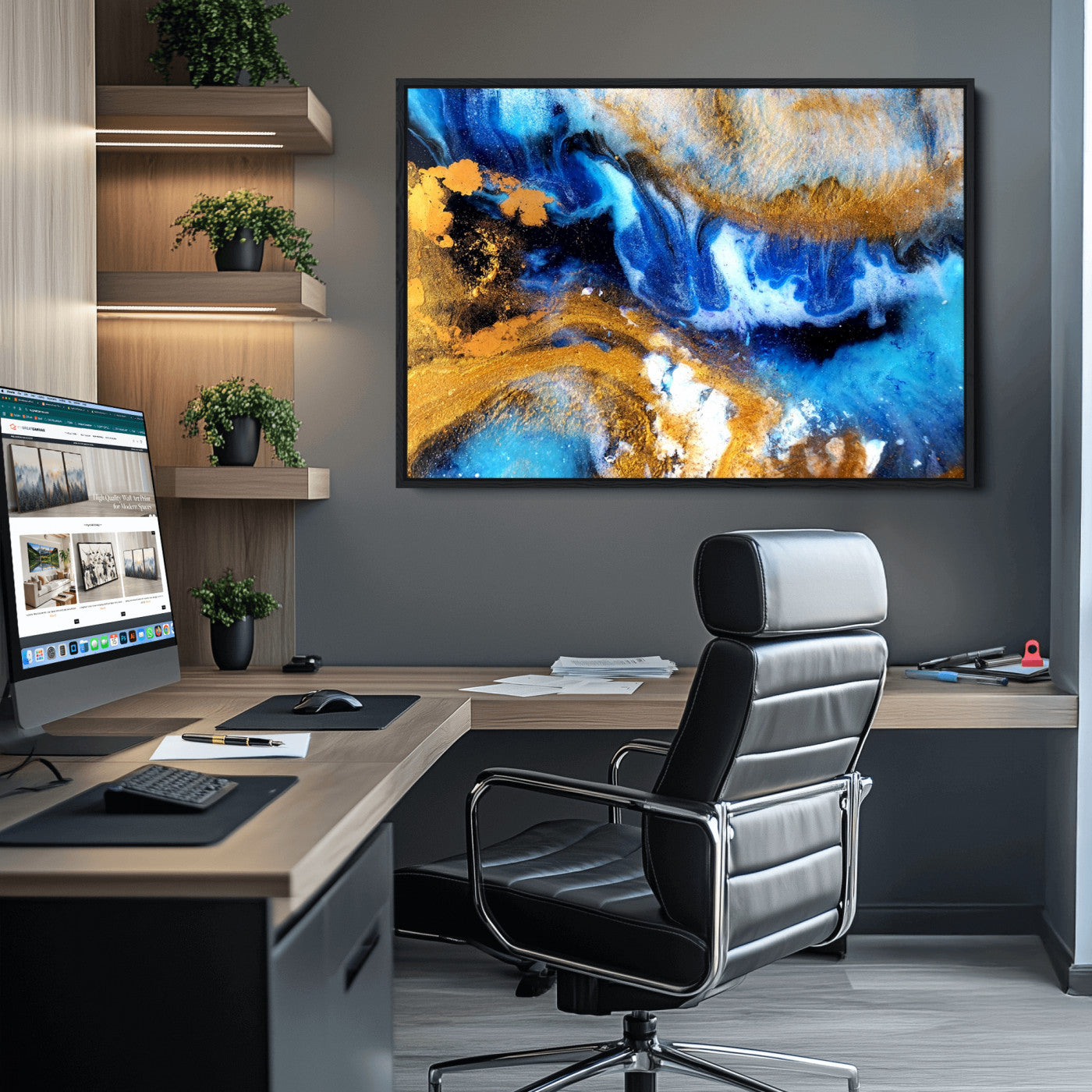 42100-MGV-FC-36X24_Black-Blue Orange Marble Fluid Effect Canvas Wall Art Print