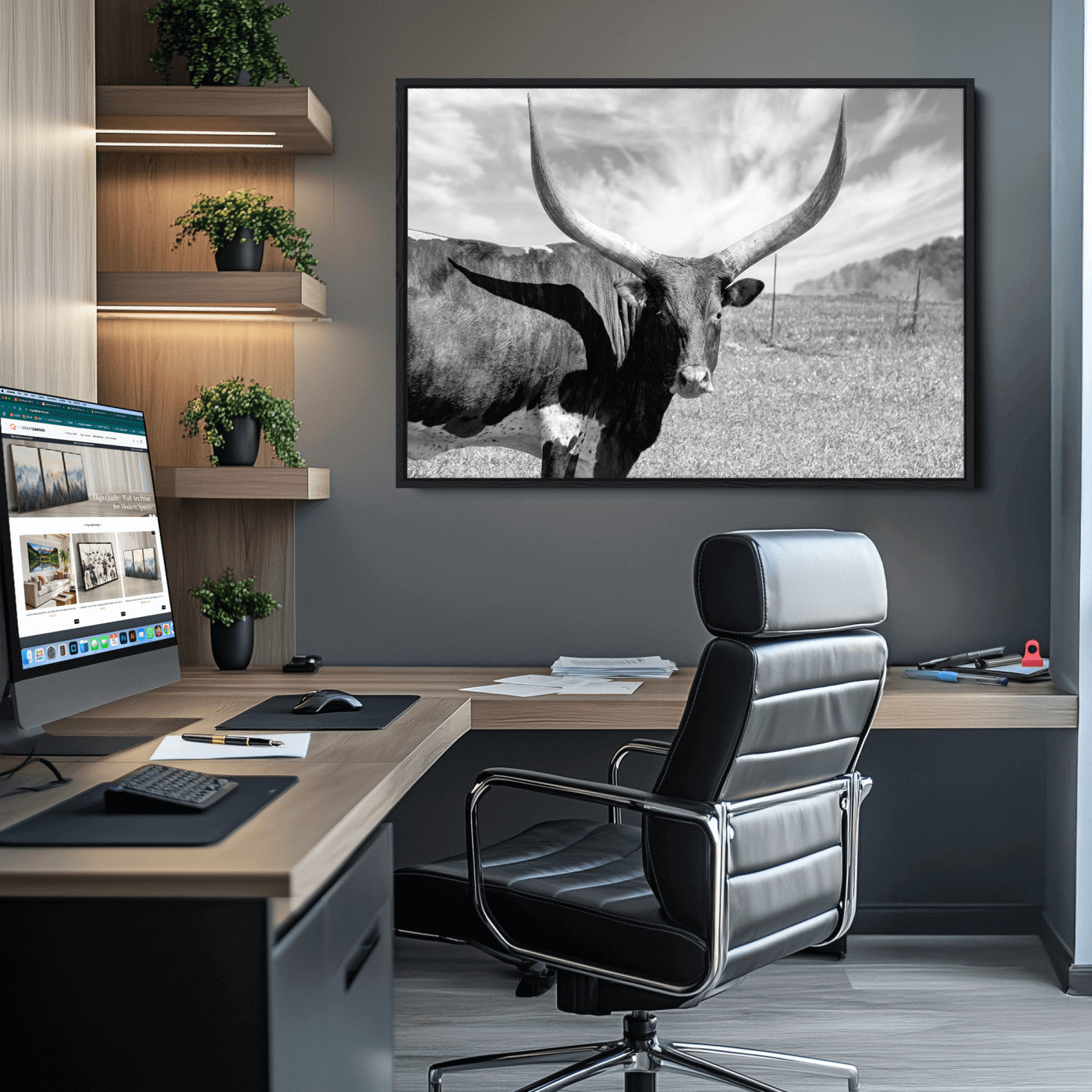 30017-MGV-CV-36X24-Cattle Wall Art Longhorn Cow Canvas Print
