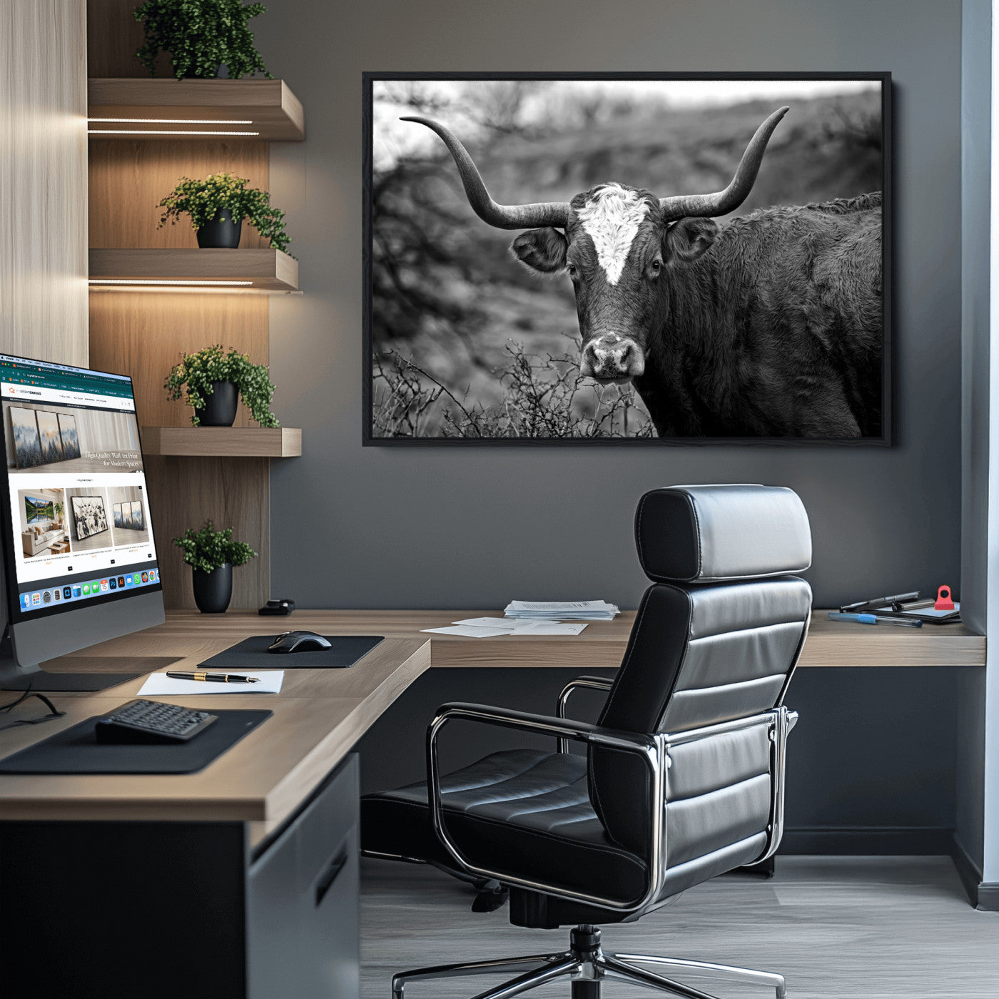 76200-MGV-CV-36X24-Western Home Wall Art Canvas Print, Framed Texas Longhorn Art Picture Print, Rustic Cow Perfect Rustic Farmhouse Decor Artwork