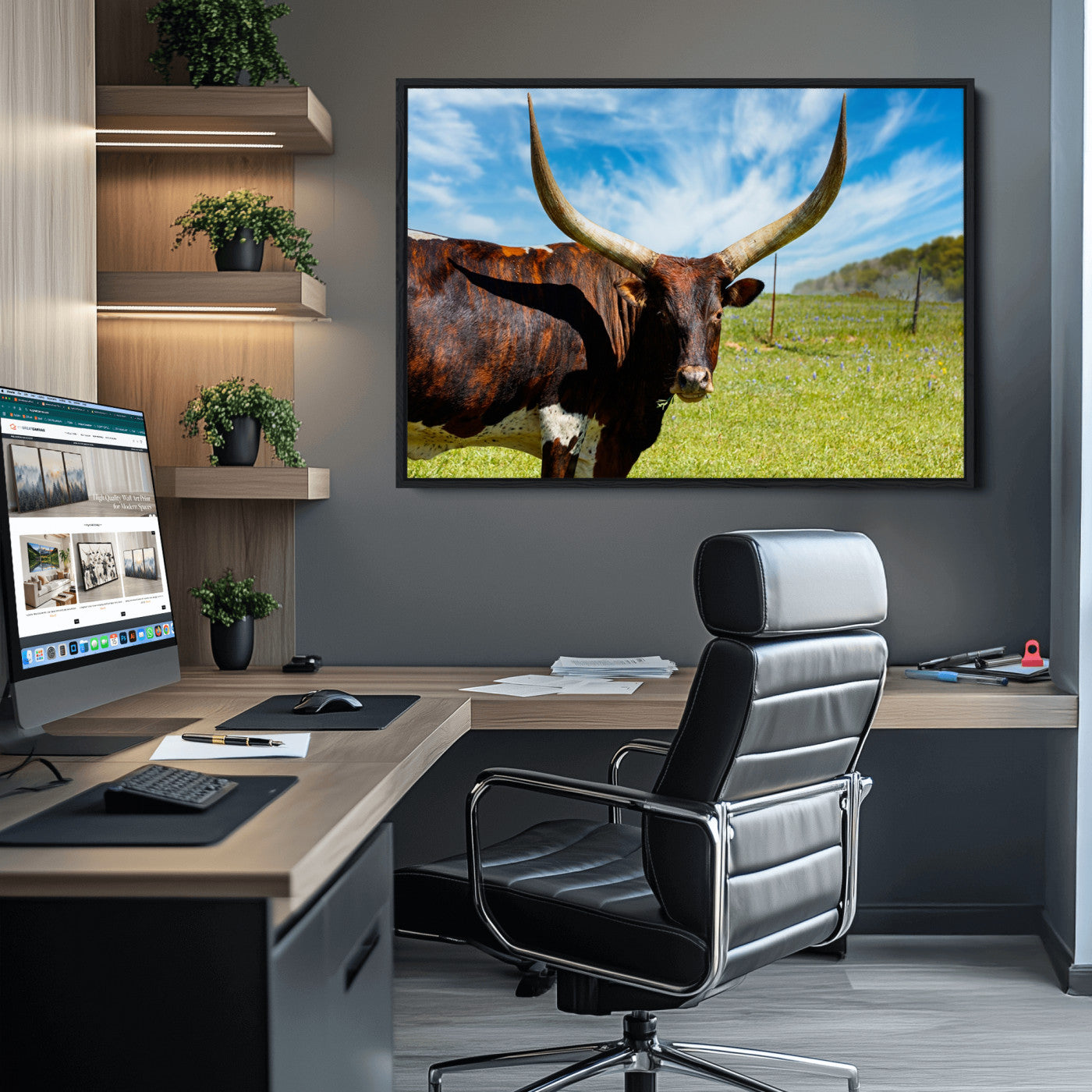 47037-MGV-CV-36X24-Longhorn and Cow Wall Art, Country Cow Wall Decor Canvas Print