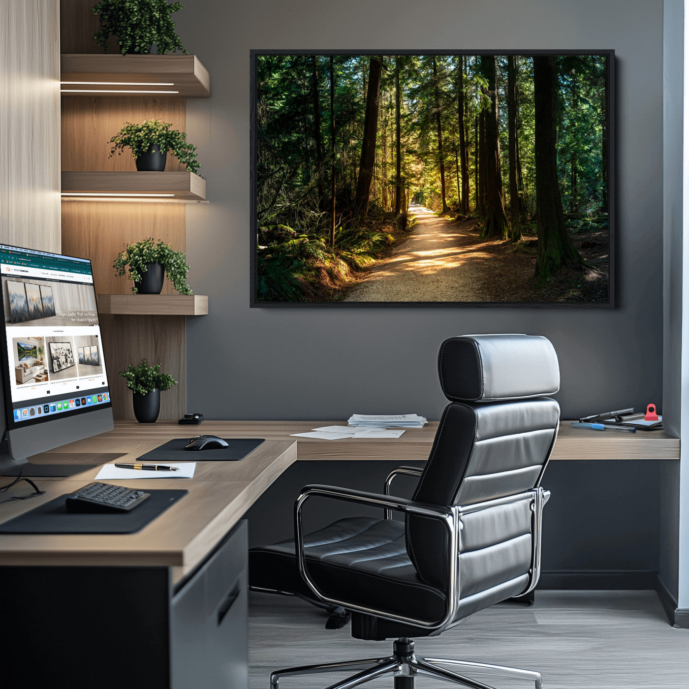 51762-MGV-CV-36X24-Sunlit Forest Pathway Canvas Print | 3 Panel Large Nature Wall Art for Living Room, Office, or Modern Space | Tranquil Scenic Forest, Ready