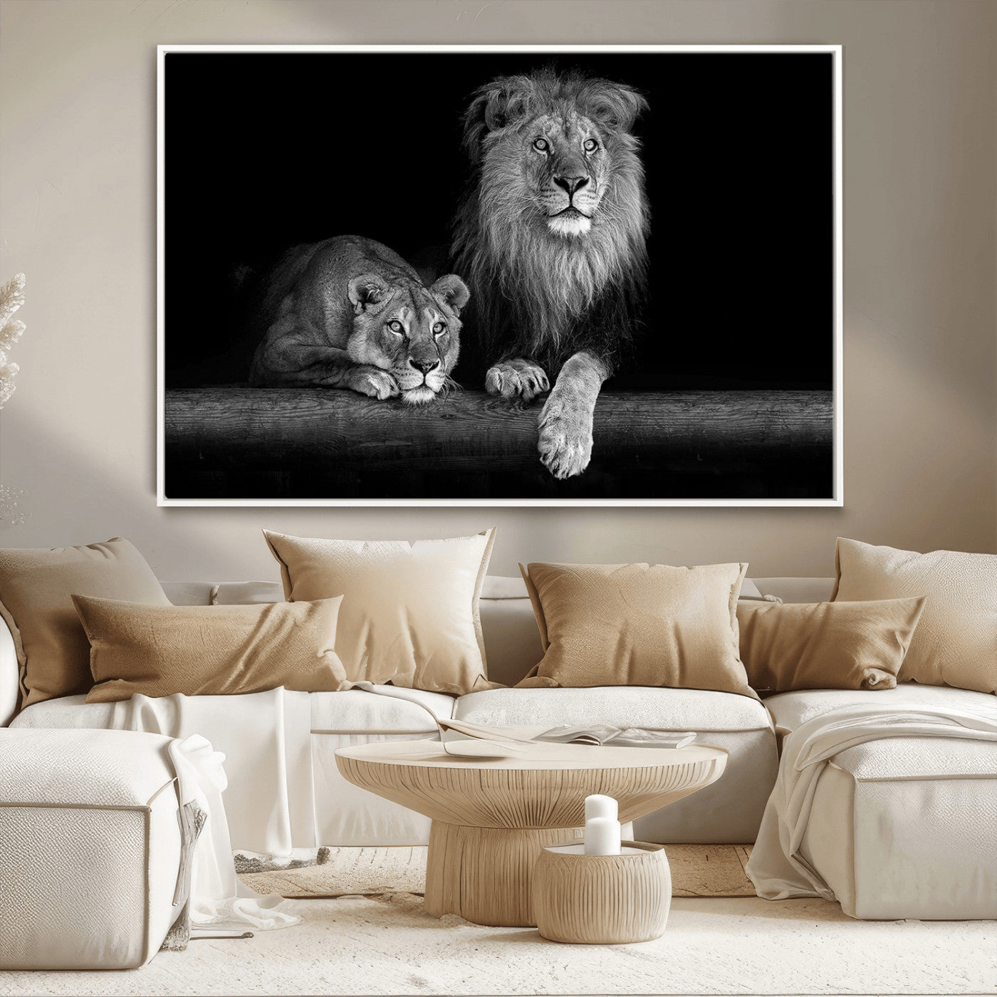 MGV-FC-36X24 - Large Black and White Lion Couple Wall Art Canvas Print