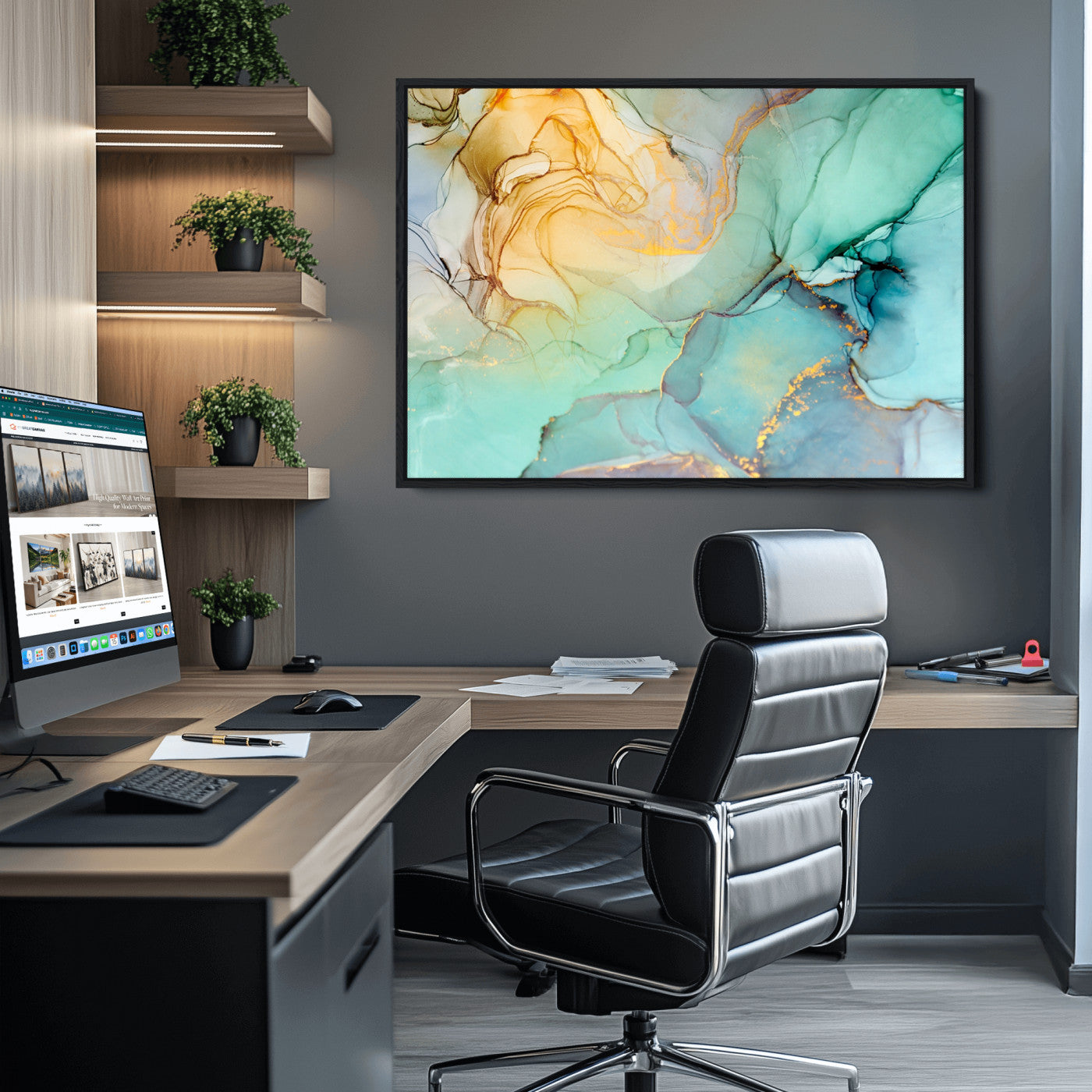 47242-MGV-CV-36X24-Green Marble Fluid Effect Wall Art Abstract Canvas Wall Art Print