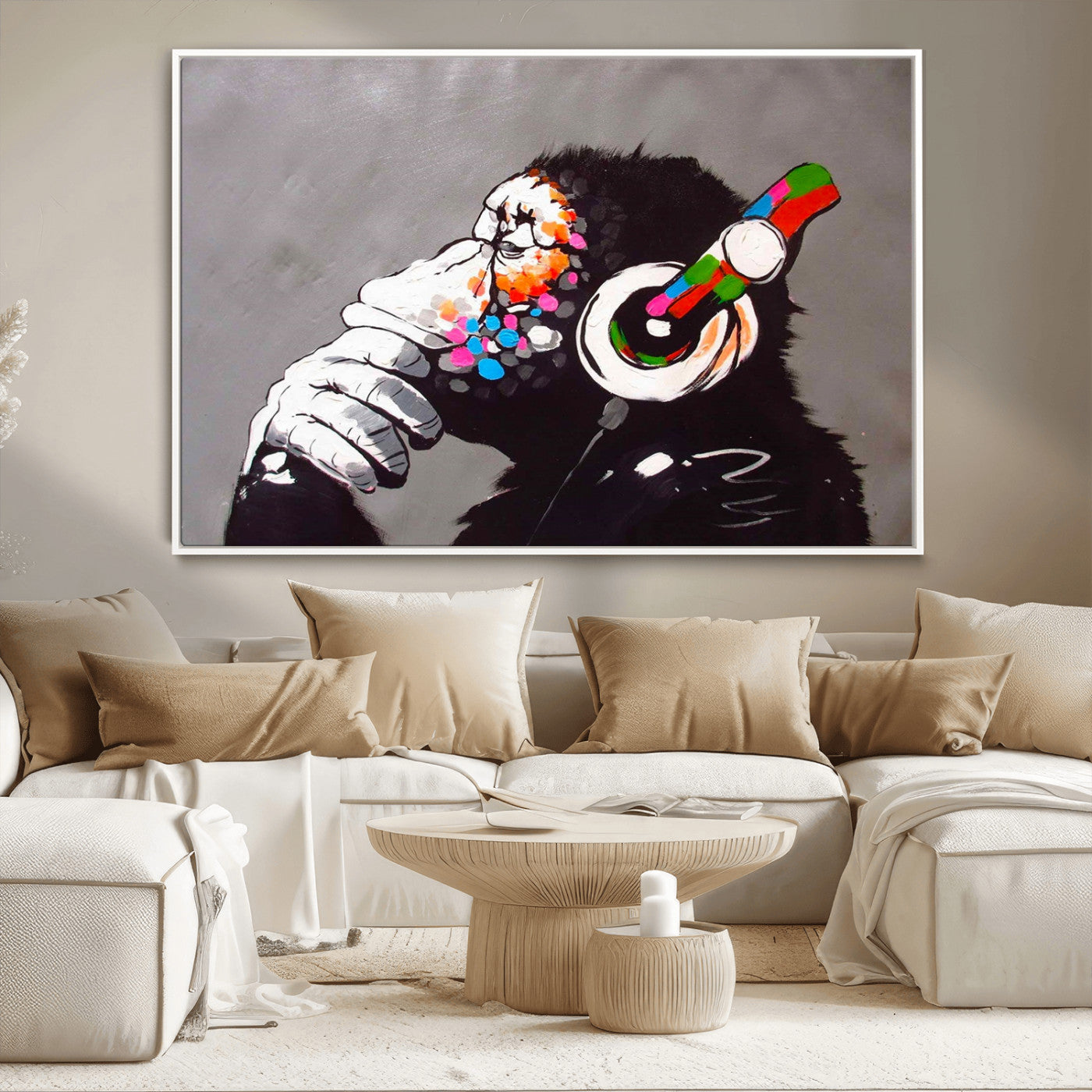 MGV-FC-36X24 - Dj Monkey Listening to Music Wall Art Print | Banksy Monkey Large Canvas Print for Living Room,