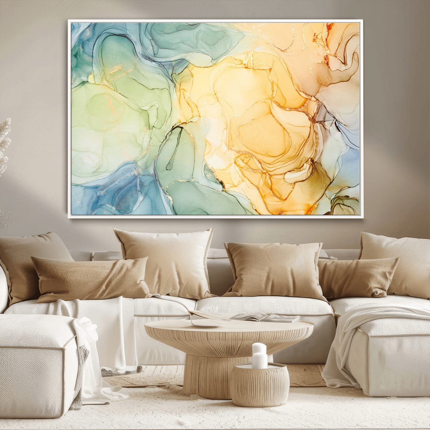 MGV-FC-36X24 - Green and Yellow Marble Fluid Effect Wall Art, Green and Yellow Marble Canvas Wall Art Print