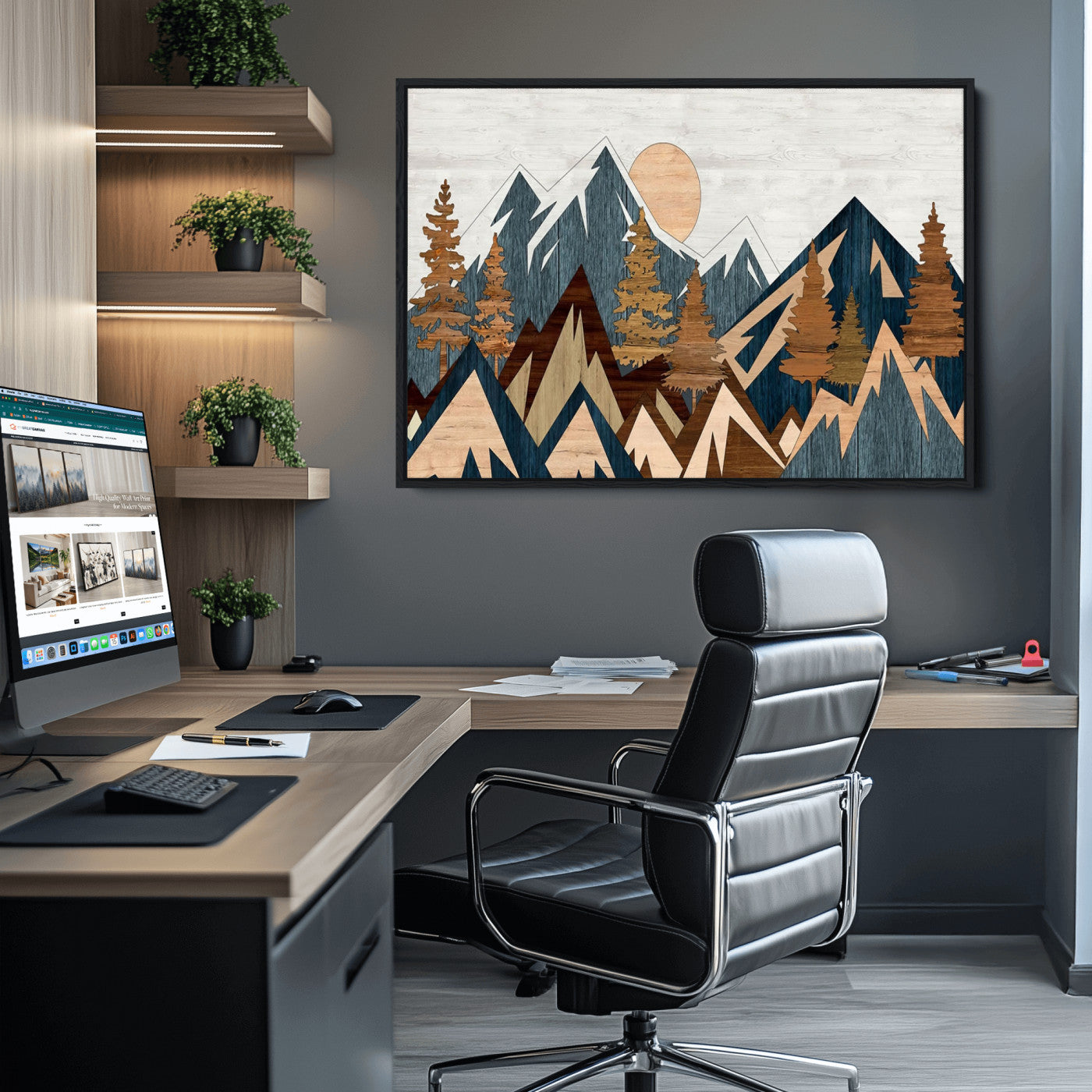 91467-MGV-CV-36X24-Abstract Wood Panel Effect Mountain Range Top Wall Art Canvas Print