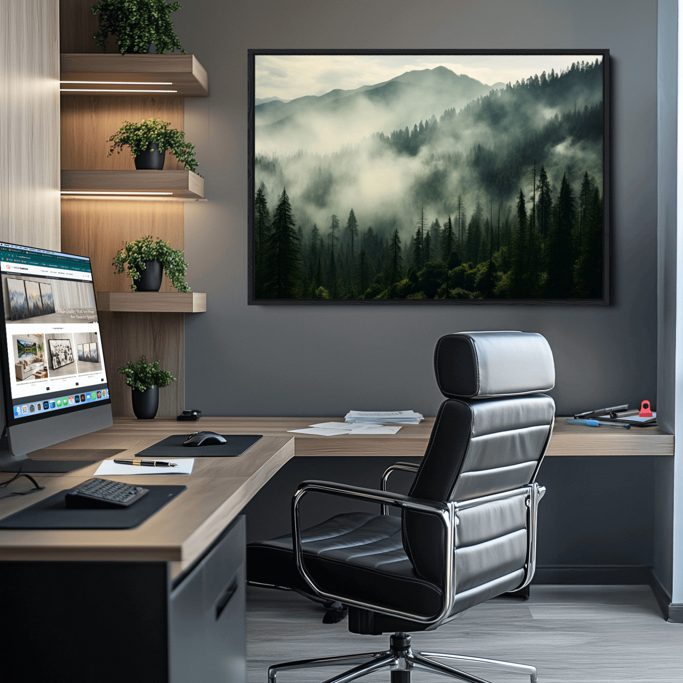 25295-MGV-CV-36X24-Captivating Misty Forest Wall Art Premium Canvas Print a Foggy and Serene Atmosphere