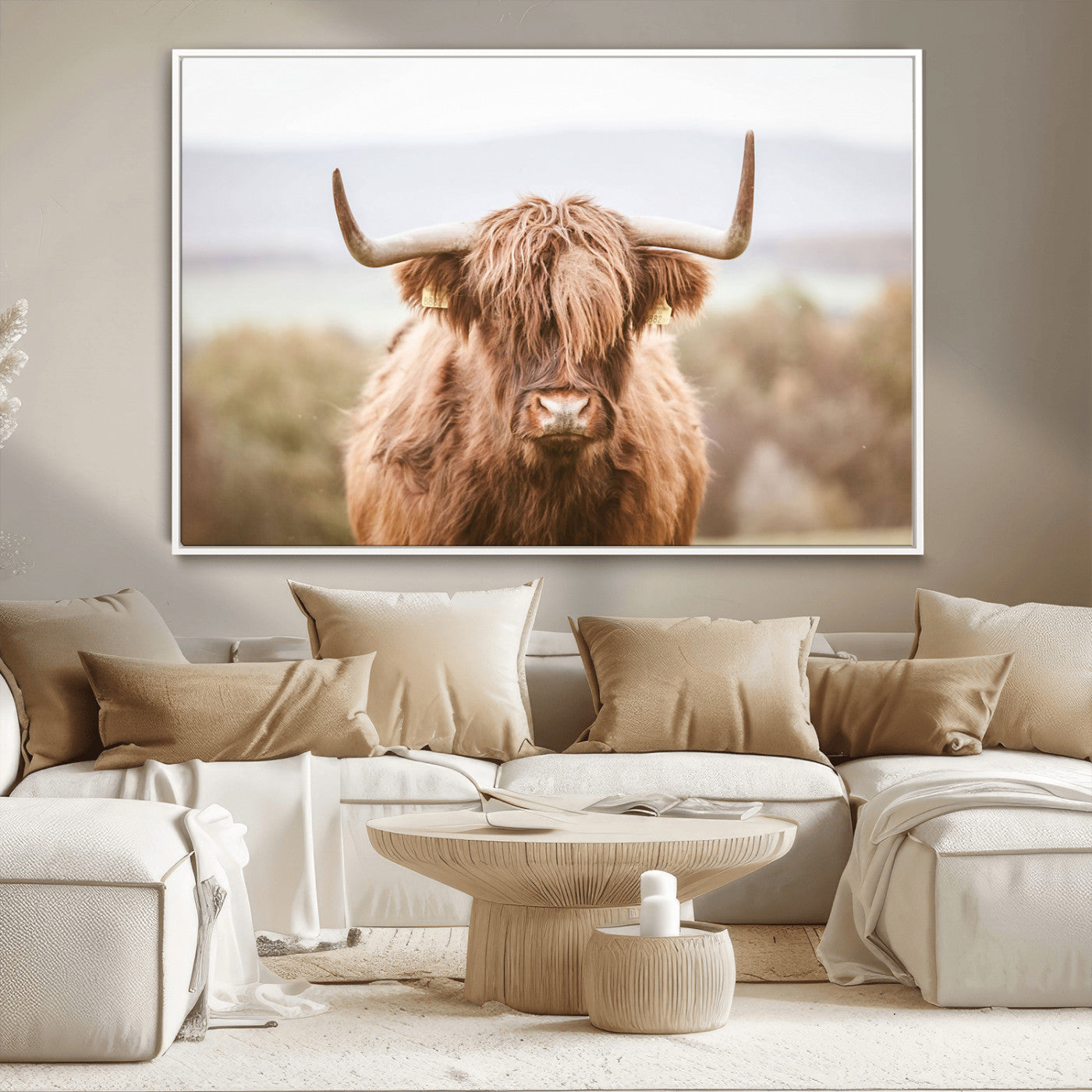 MGV-FC-36X24 - Scottish Serene Highland Cow Canvas Wall Art – Serene Highland Cow in Natural Pastel Tones – Ready