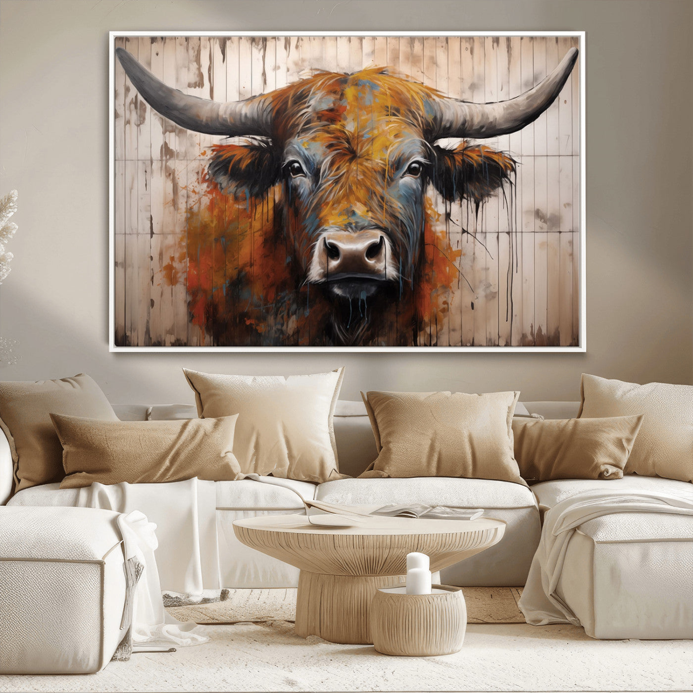 MGV-FC-36X24 - Abstract Bull Highland Cow Canvas Wall Art Print – Vibrant Rustic Charm in Modern Farmhouse Decor –