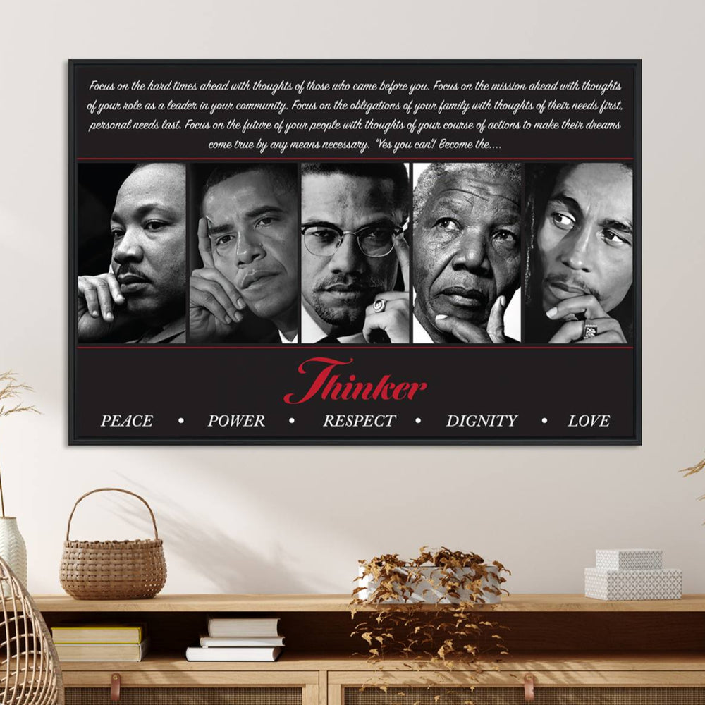 The Thinker Quintet Canvas Wall Art features portraits of Martin, Obama, Malcolm X, Mandela, and Marley, each representing virtues such as Peace and Power.