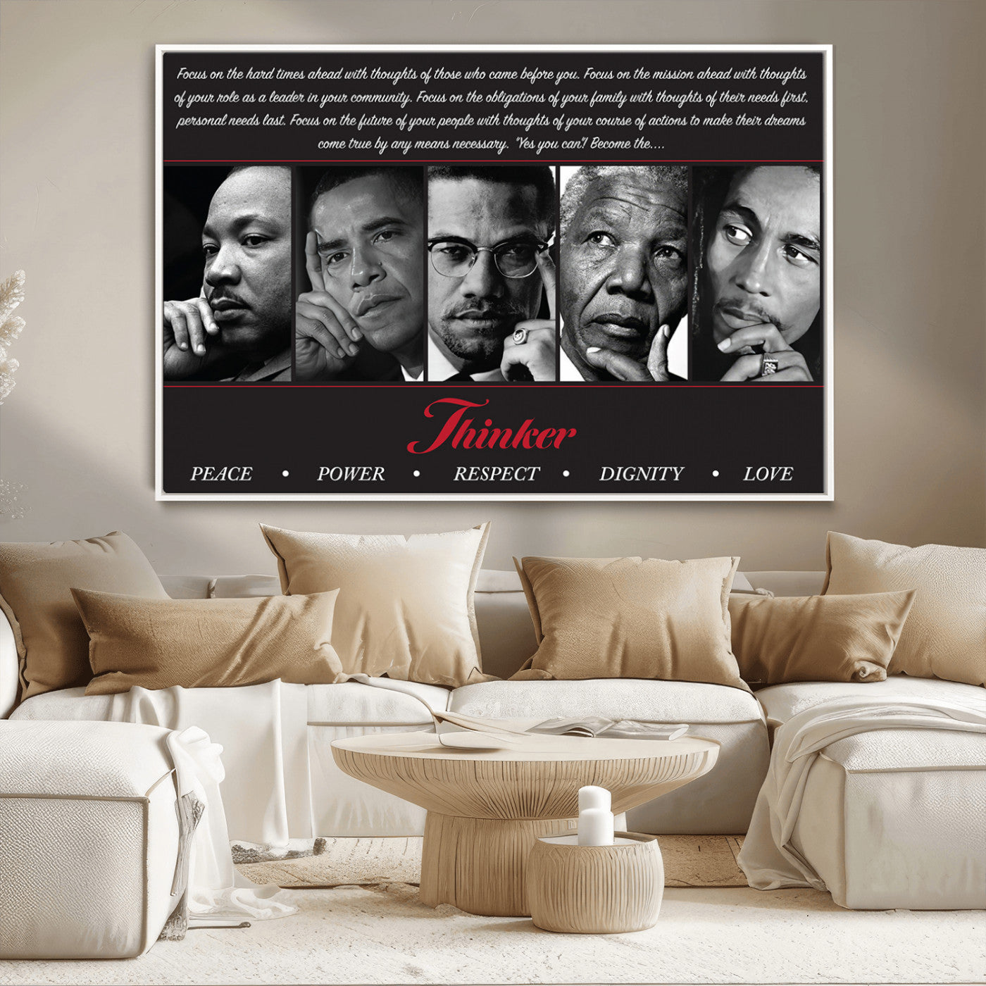 MGV-FC-36X24 - Thinker Quintet Canvas Wall Art – Martin, Obama, Malcolm X, Mandela, Marley Featuring Peace, Power,