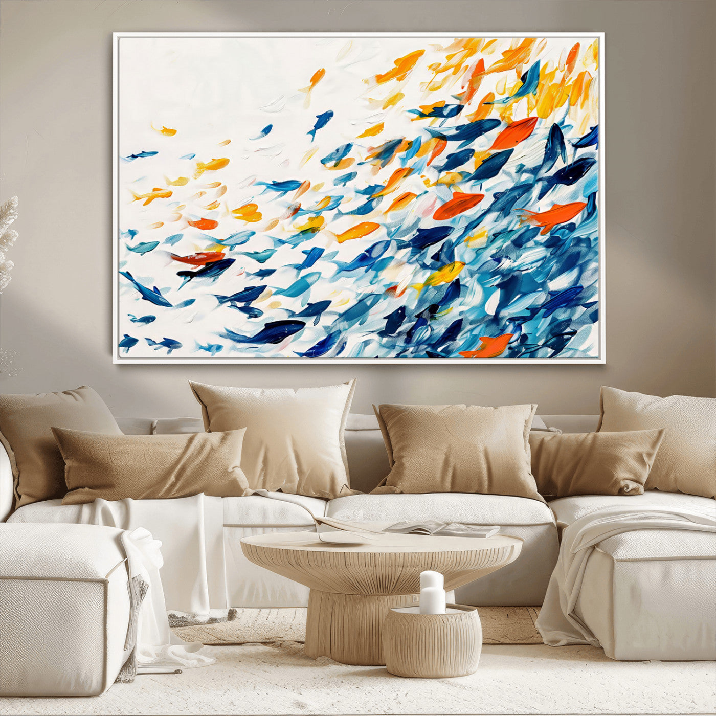 MGV-FC-36X24 - Abstract Fish Shoal Wall Art Canvas Print, Colorful Fish Herd Painting on Canvas Print, Ocean Animal
