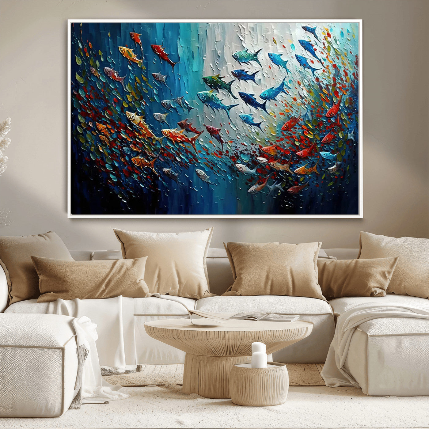 MGV-FC-36X24 - Modern Abstract Fish Shoal Wall Art Canvas Print, Colorful Fish Herd Painting on Canvas Print, Ocean