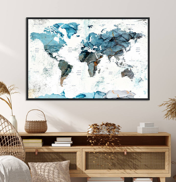 Push Pin World Map Wall Art Canvas Print adds a touch of elegance to the home decor.