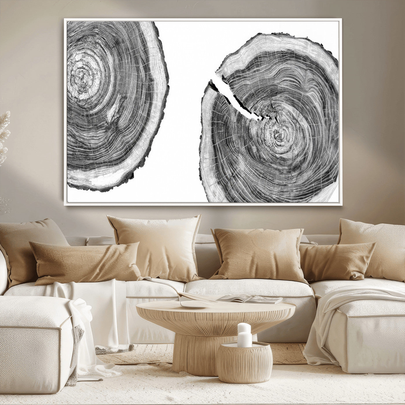 MGV-FC-36X24 - Modern Black and White Tree Rings Canvas Wall Art – Nature Inspired Wood Slice Print – Minimalist