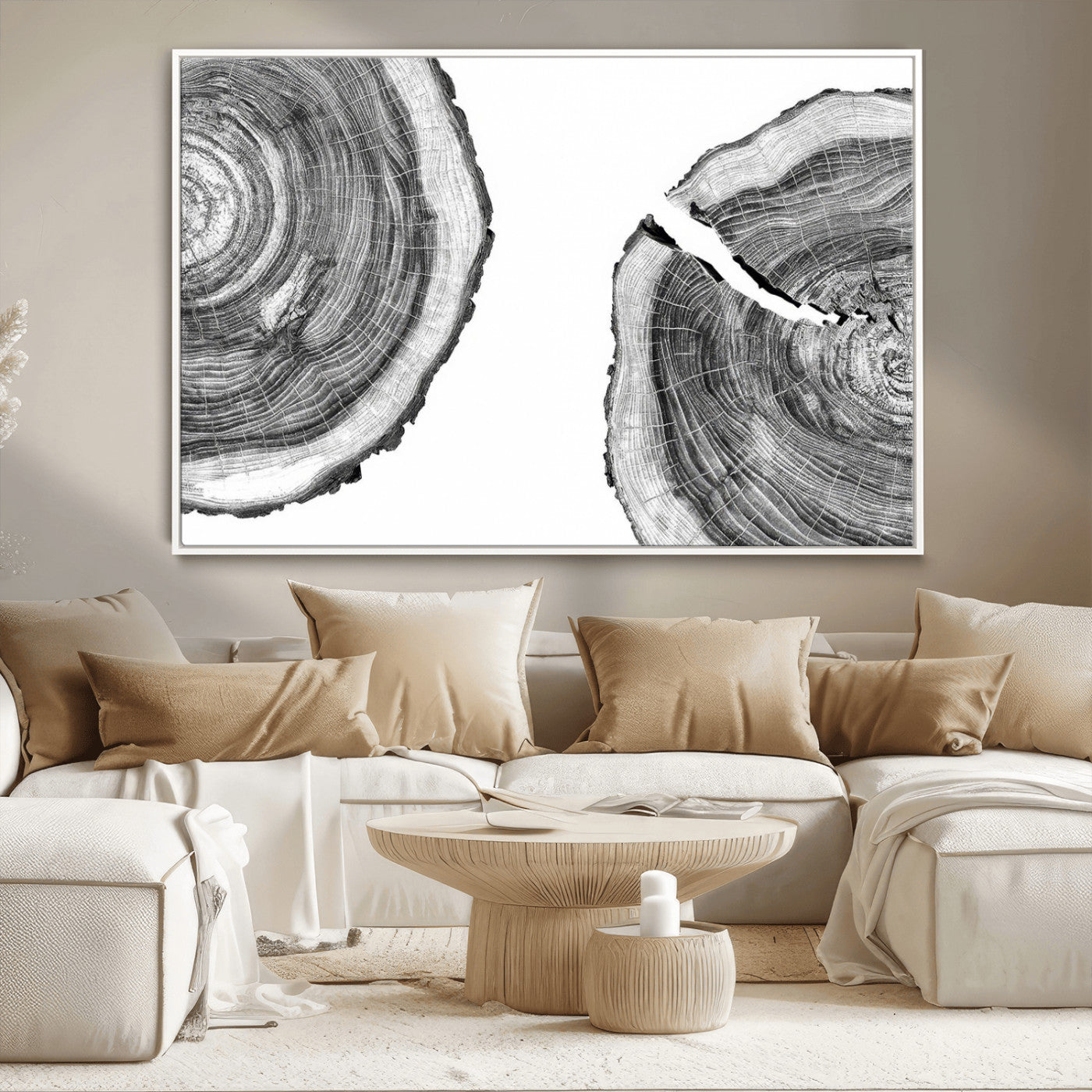 MGV-FC-36X24 - Abstract Large Tree Rings – Minimalist Black and White Wood Art | Triptych Canvas, Modern Wall Decor