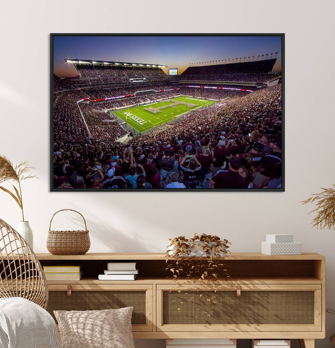 A vibrant canvas print of Texas A&M Aggies at College Stations Kyle Field Stadium captures the energy of fans cheering as the band marches at sunset.