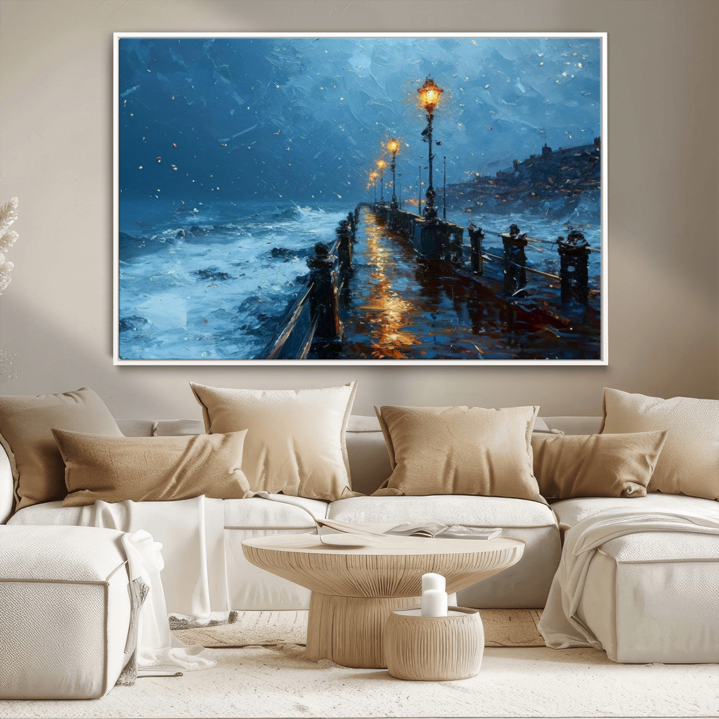 MGV-FC-36X24 - Stormy Night at Beach Pier Oil Painting Large Wall Art Print, Framed Canvas Nature Wall Decor,