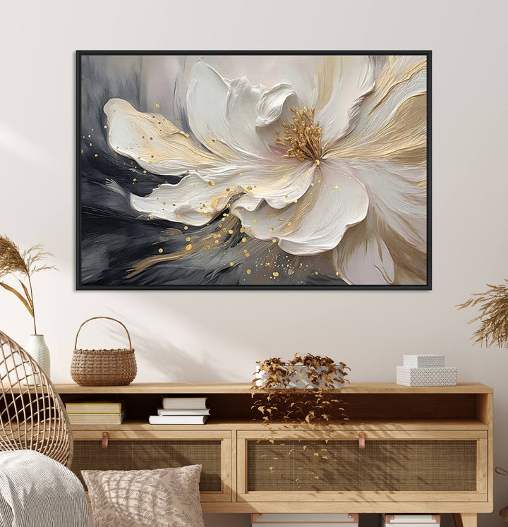 Elegant White and Gold Floral Triptych Canvas Art, a modern textured flower painting for home or office decor, features a blurred gray background.