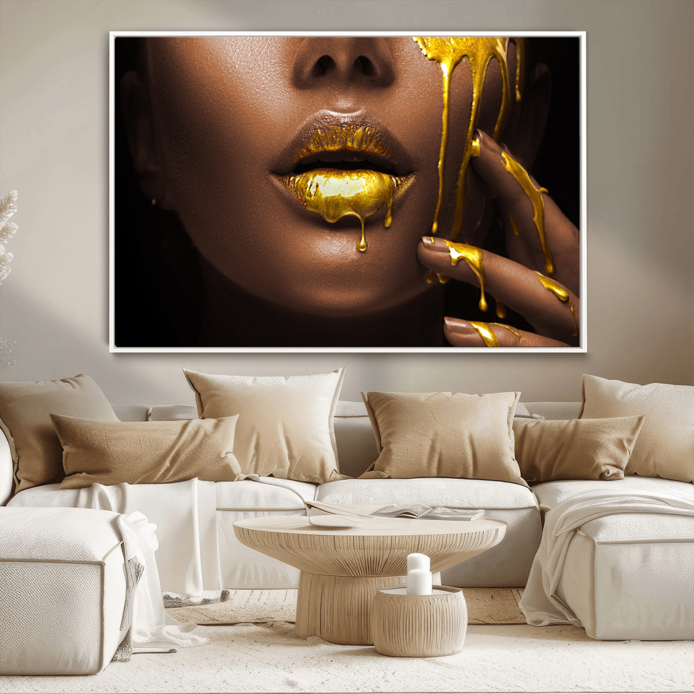 MGV-FC-36X24 - African American Art Black Woman Canvas Print, African Wall Art, Fashion African Woman Gold Lips