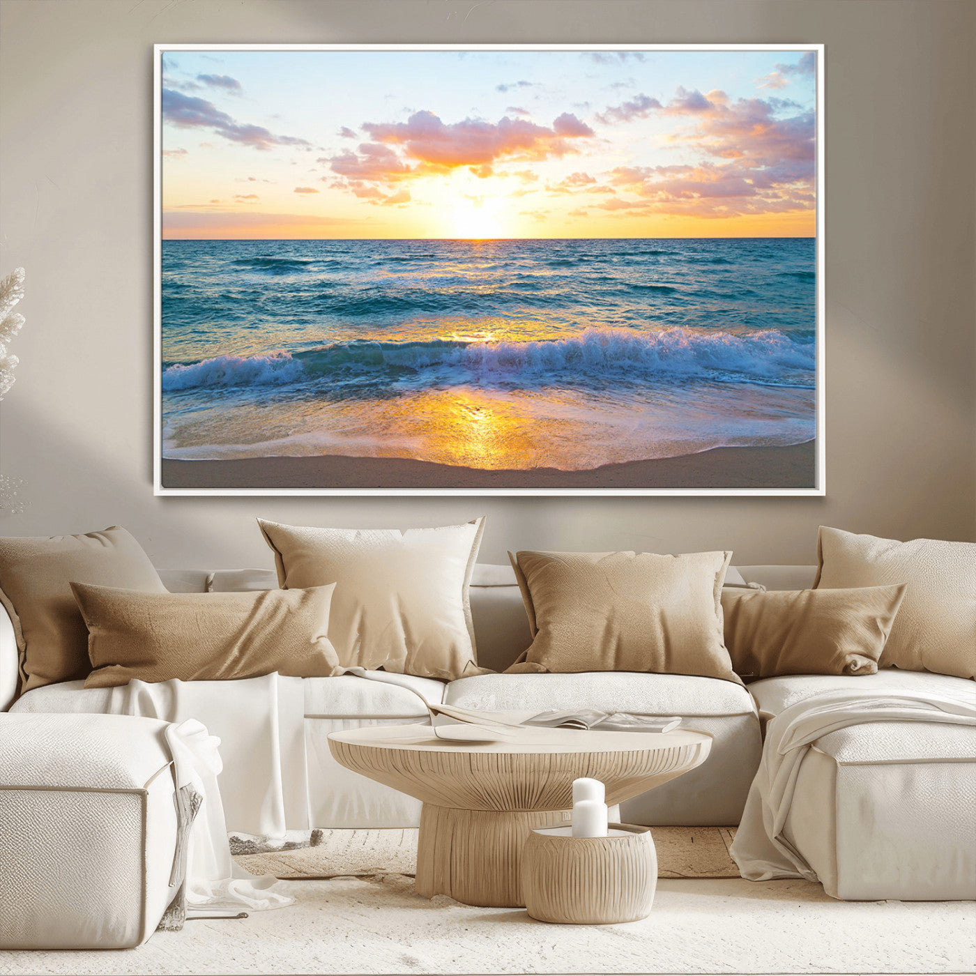 MGV-FC-36X24 - Golden Sunset Over Ocean Waves - Serene Coastal Triptych Wall Art for Relaxing Home Decor, Ready to