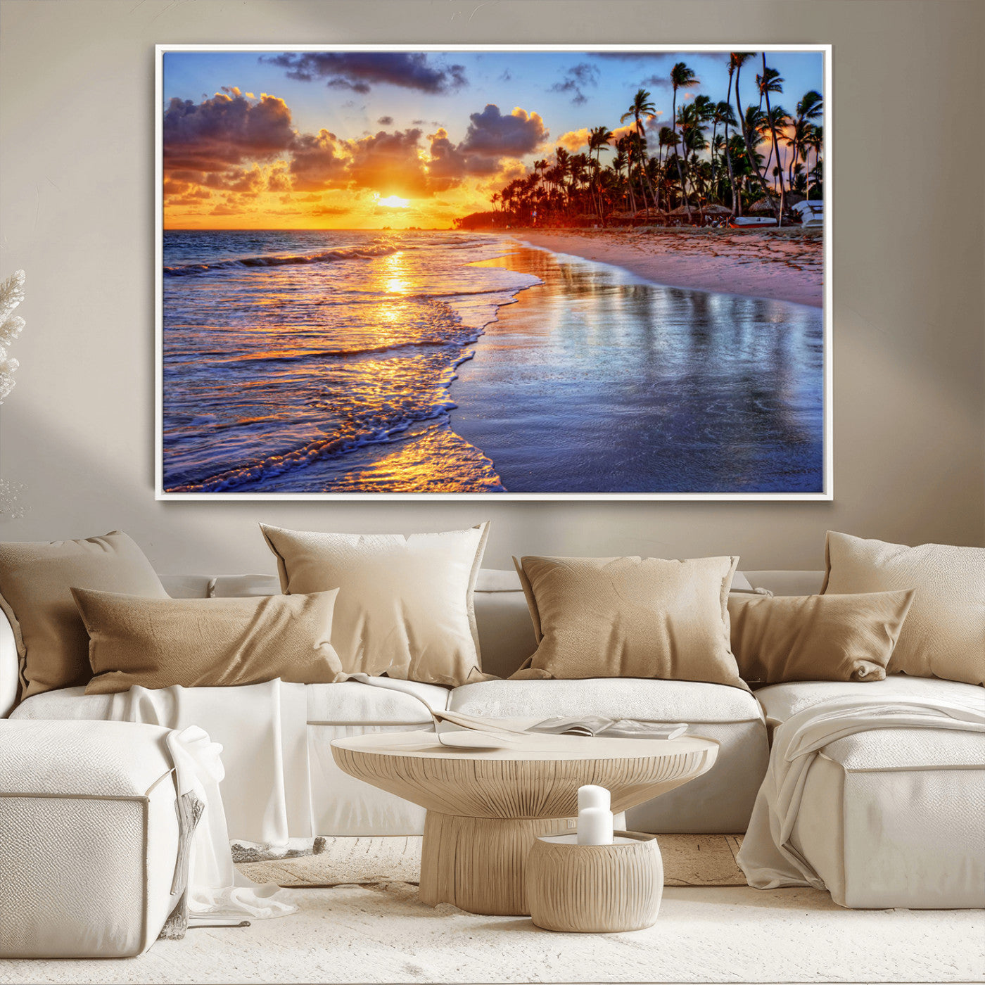 MGV-FC-36X24 - Serene Beach Sunset Wall Art Canvas- Coastal Seascape Print for Living Room or Bedroom, Ocean Waves