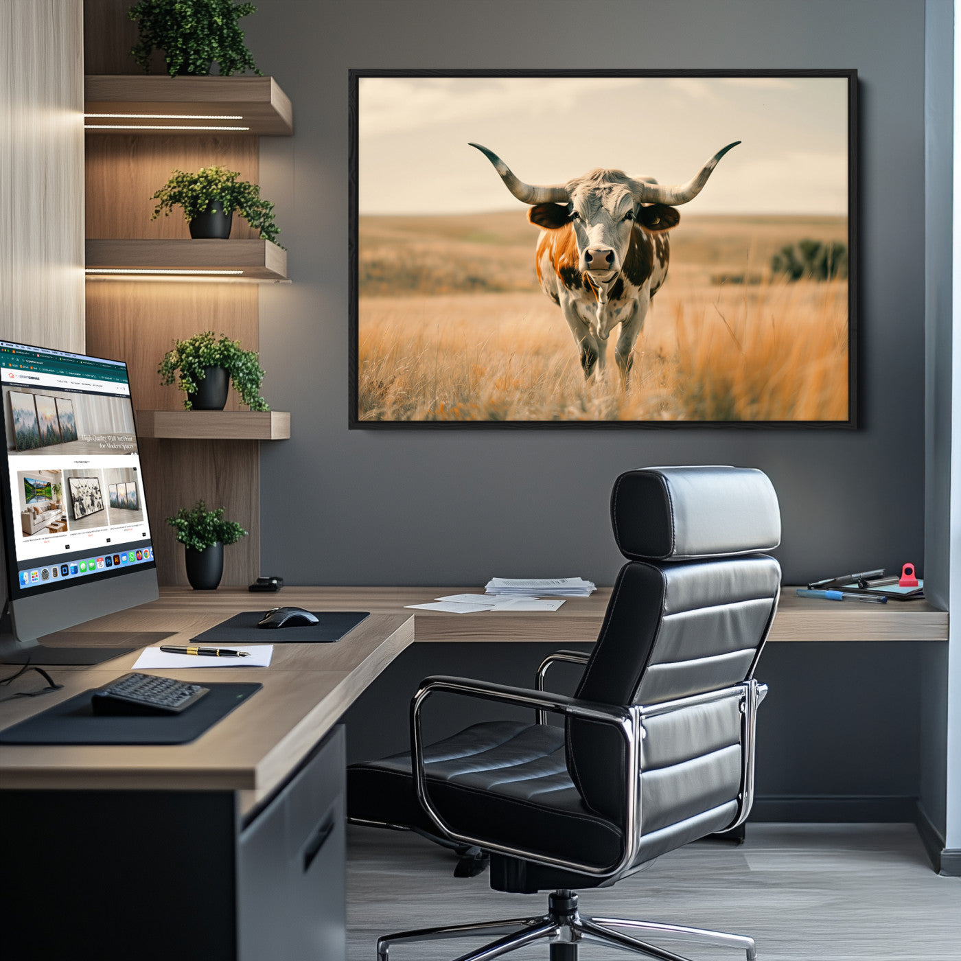 16580-MGV-CV-36X24-Texas Cow Longhorn Wall Art Canvas Print for Farm House Wall Decor, Farmhouse Cow Print Canvas Wall Art Print