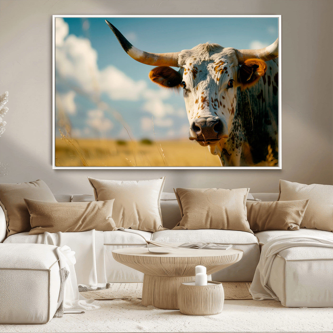 MGV-FC-36X24 - Longhorn in the Prairie - Stunning Ranch-Style Triptych Wall Art for Western Home Decor, Cowboy Wall