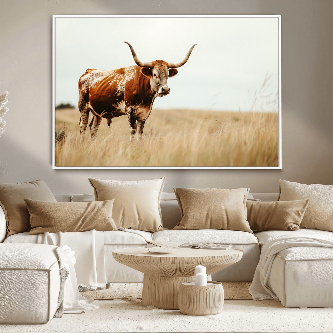 MGV-FC-36X24 - Texas Longhorn Canvas Wall Art Print – Majestic Western Cattle in Rustic Farmhouse Decor – Cow Wall
