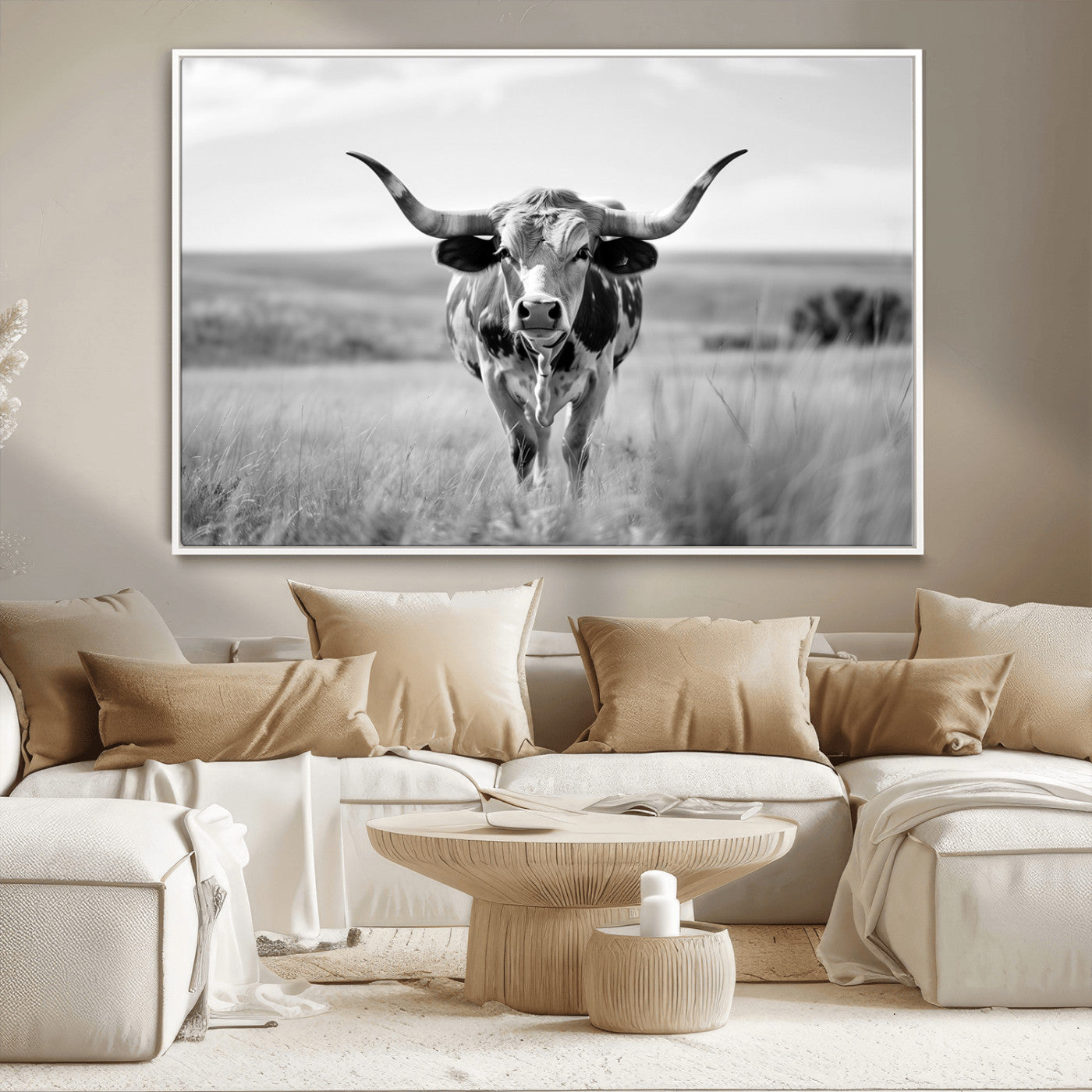 MGV-FC-36X24 - Texas Cow Longhorn Wall Art Canvas Print for Farm House Wall Decor, Farmhouse Wall Art Print