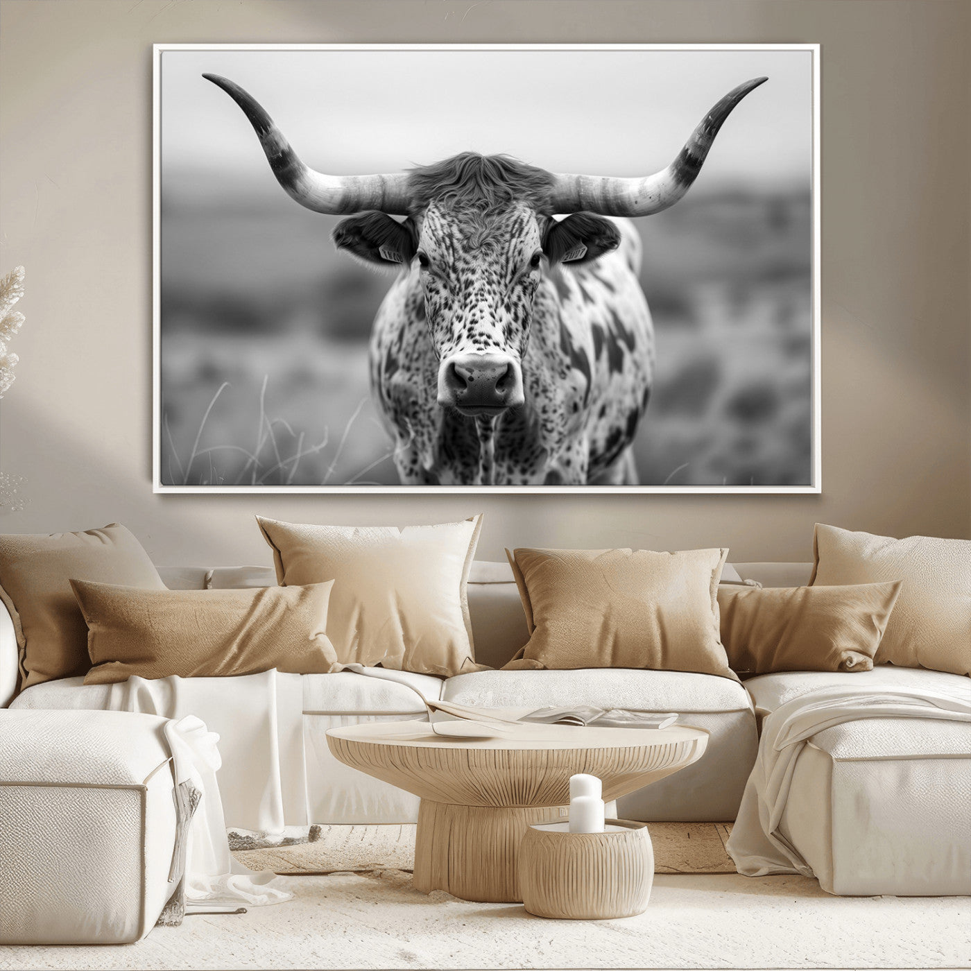 MGV-FC-36X24 - Texas Cow Longhorn Wall Art Canvas Print for Farm House Wall Decor, Farmhouse Wall Art Print
