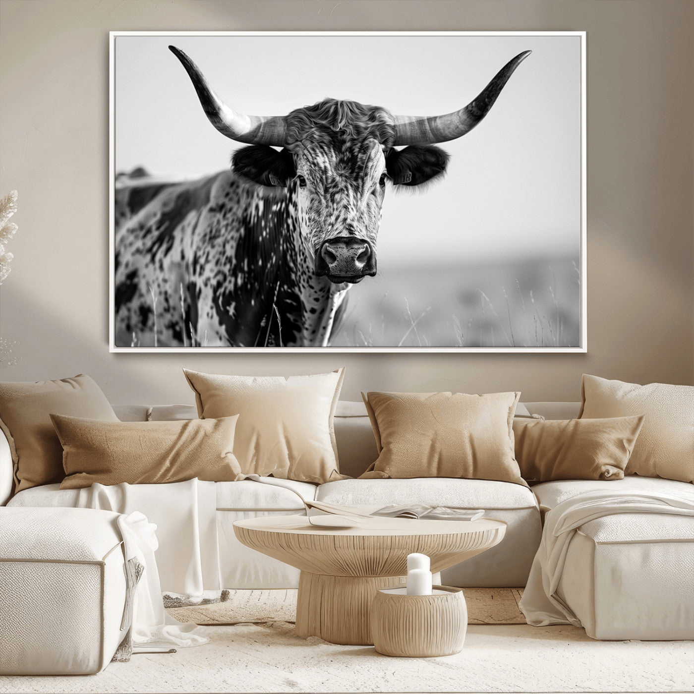 MGV-FC-36X24 - Texas Highland Cow Longhorn Canvas Print - Rustic Farmhouse Wall Art - Large Texas Longhorn