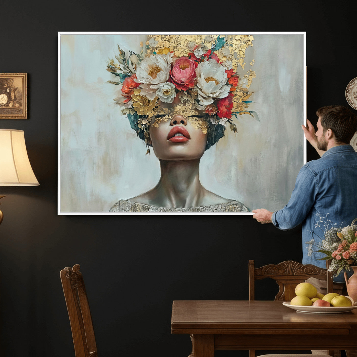 26919-MGV-CV-36X24 - Golden Petal Wall Art Canvas Print - Silhouette Woman Wall Art Canvas Print, Floral Woman Portrait