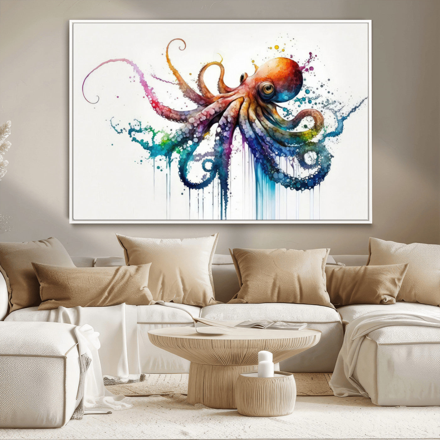 MGV-FC-36X24 - Watercolor Vibrant Octopus Wall Art Canvas Print | Abstract Sea Life Art | Colorful Marine Creature