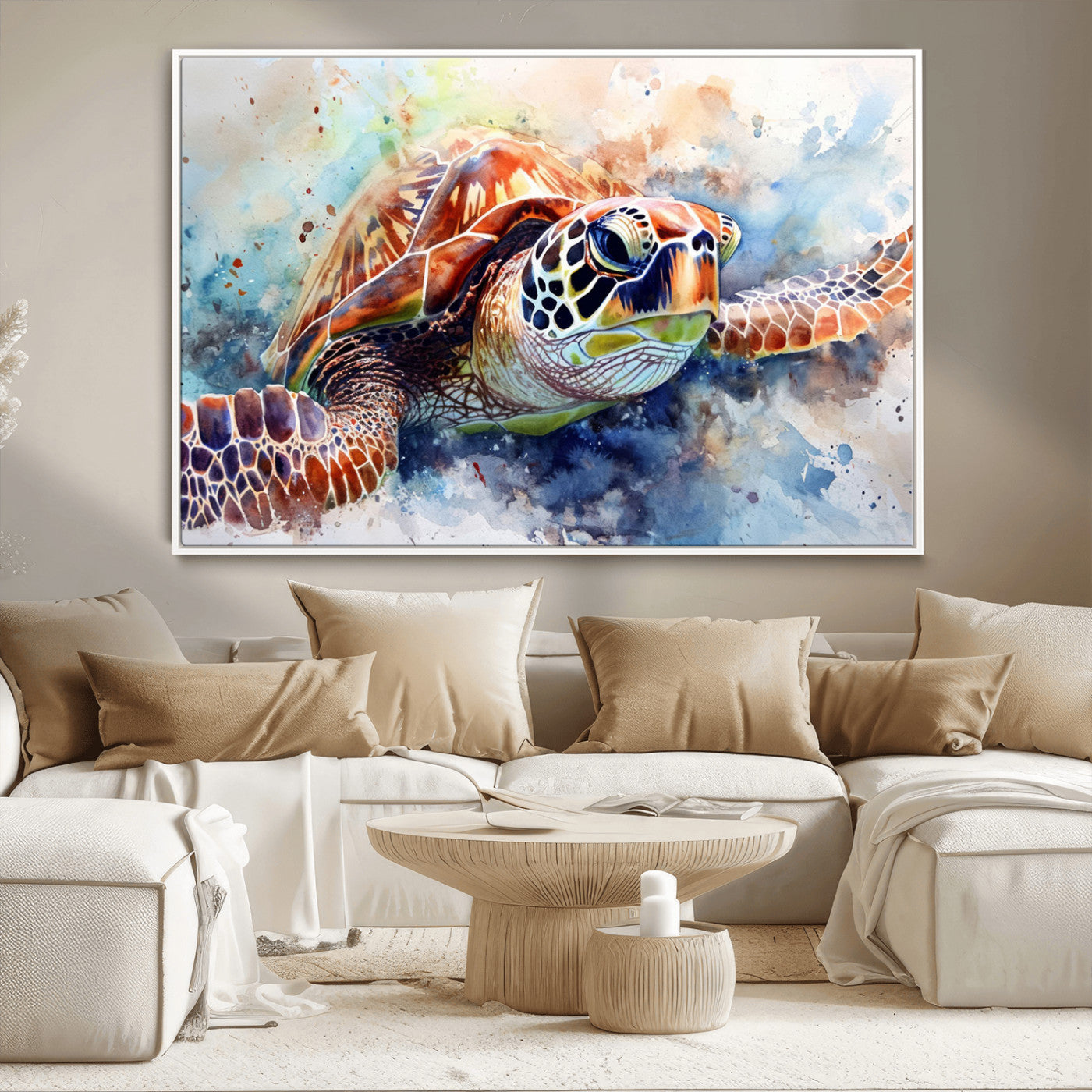 MGV-FC-36X24 - Watercolor Sea Turtle Wall Art Canvas Print - Vibrant Ocean Colors in Watercolor Style - Ready to