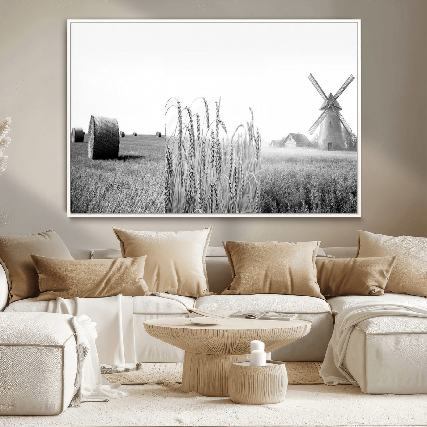 MGV-FC-36X24 - Vintage Farmhouse Black and White Triptych Wall Art – Giclee Canvas Featuring Wheat Fields, Hay