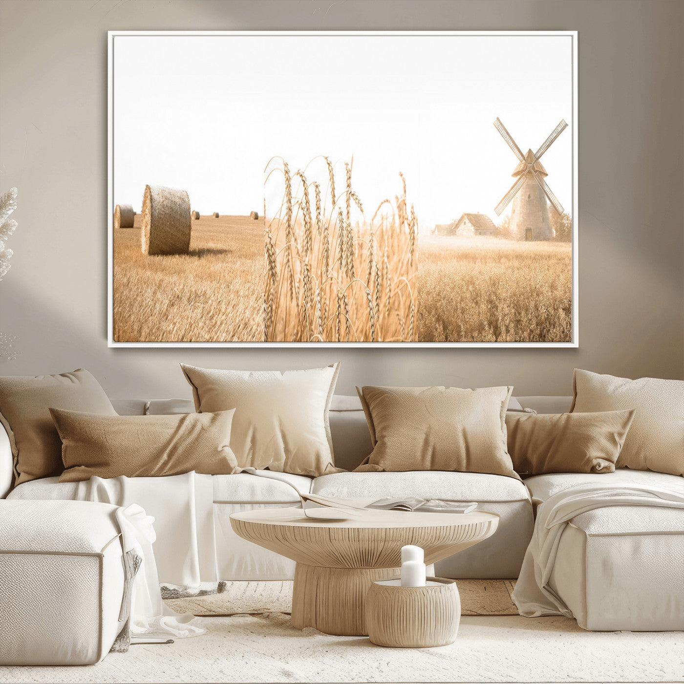 MGV-FC-36X24 - Vintage Farmhouse Triptych Wall Art – Giclée Canvas Featuring Wheat Fields, Hay Bales, and a