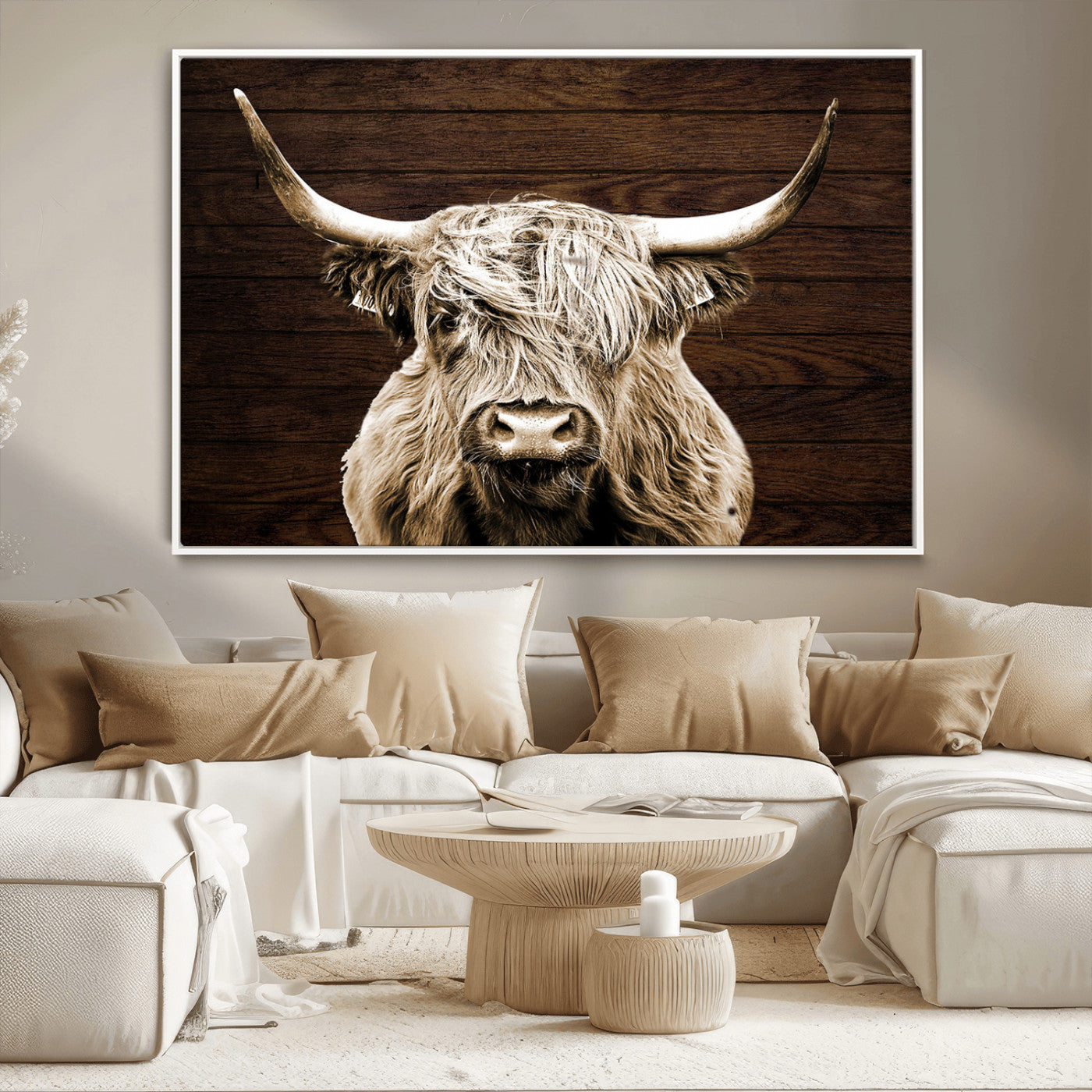 MGV-FC-36X24 - Highland Cow Wall Art Canvas Print, Rustic Farmhouse Decor, Majestic Scottish Highland Bull Portrait